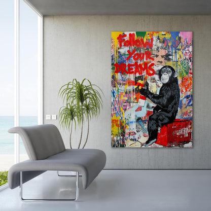 Follow Your Dreams Pop Art Canvas Print, Banksy Art, Monkey Graffiti Canvas