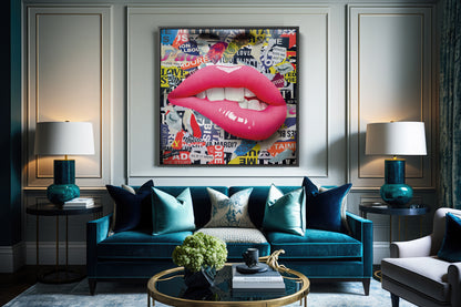 Banksy Style Square - Intense Lips Pop Art Canvas Wall Art, Lips Graffiti Pop Art - 250