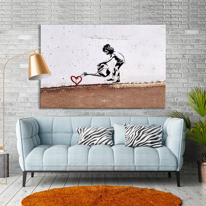 Banksy Watering Love Canvas Wall Art, Framed Banksy Canvas, Banksy Art Graffiti Poster - 76