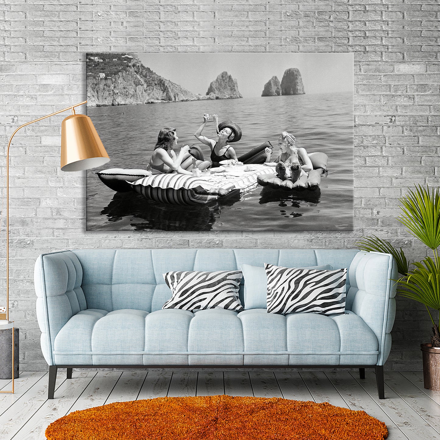 Floating Luncheon Canvas Wall Art | Three young women eat spaghetti on inflatable mattresses at Lake of Capri 1939 - PPL11