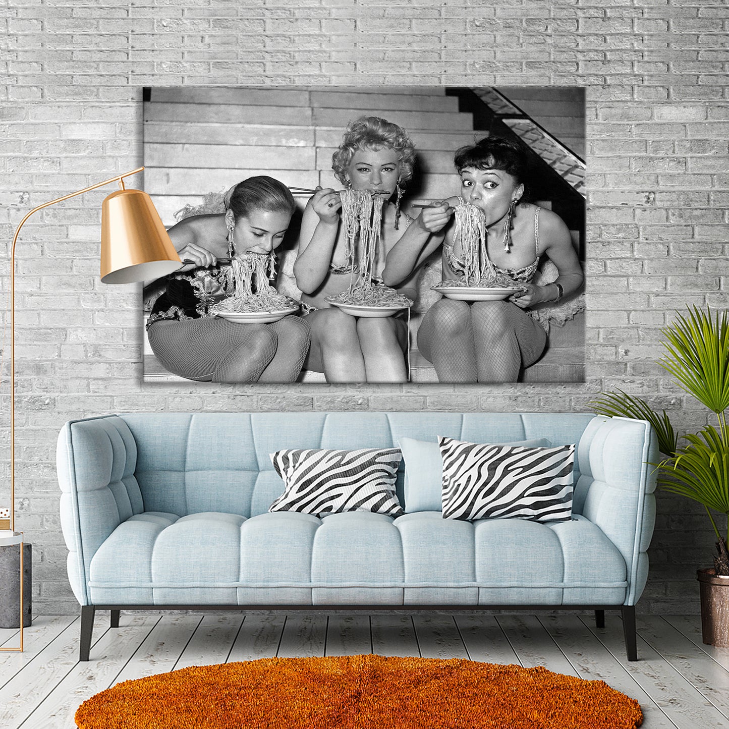 Women Eating Spaghetti Canvas Art, Women Eating Pasta Black and White Vintage Print - PPL-135