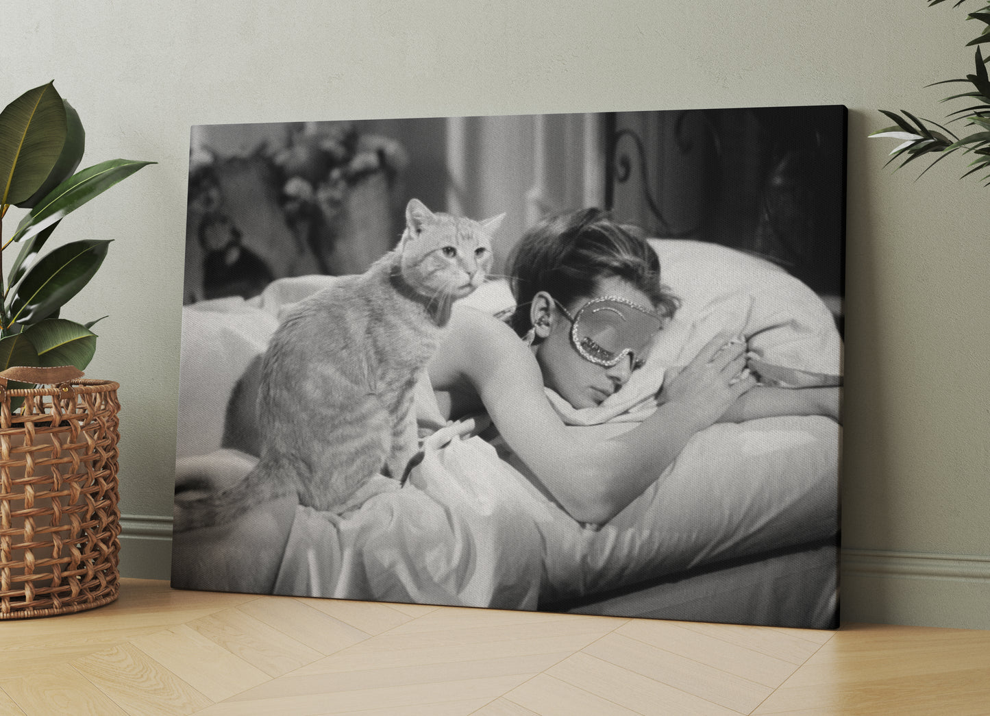 Audrey Hepburn Breakfast at Tiffany's Sleeping with Cat Art Canvas Print - PPL-97