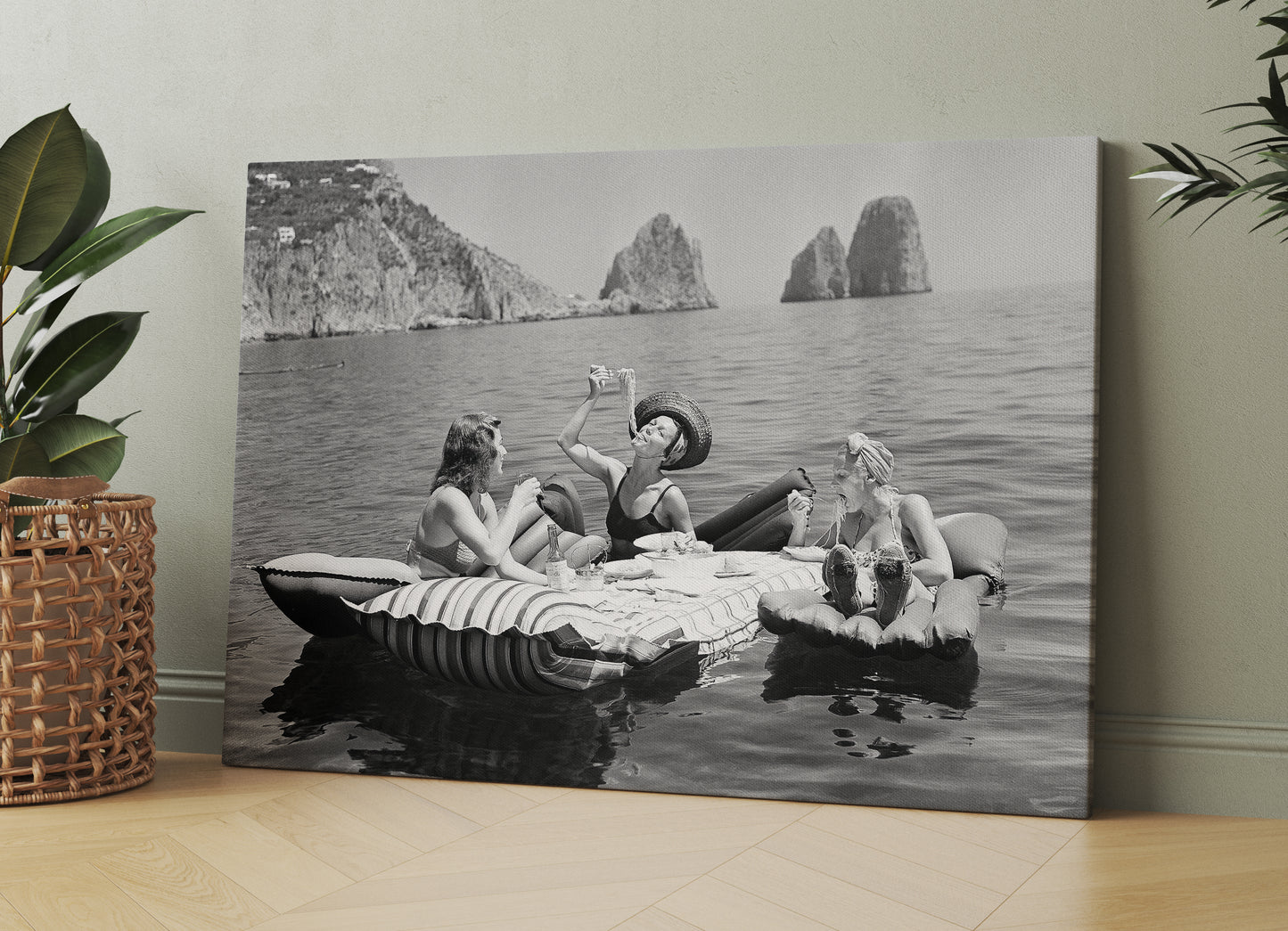 Floating Luncheon Canvas Wall Art | Three young women eat spaghetti on inflatable mattresses at Lake of Capri 1939 - PPL11