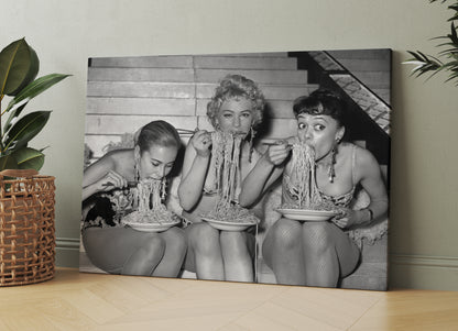 Women Eating Spaghetti Canvas Art, Women Eating Pasta Black and White Vintage Print - PPL-135