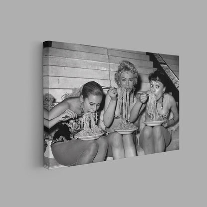 Women Eating Spaghetti Canvas Art, Women Eating Pasta Black and White Vintage Print - PPL-135