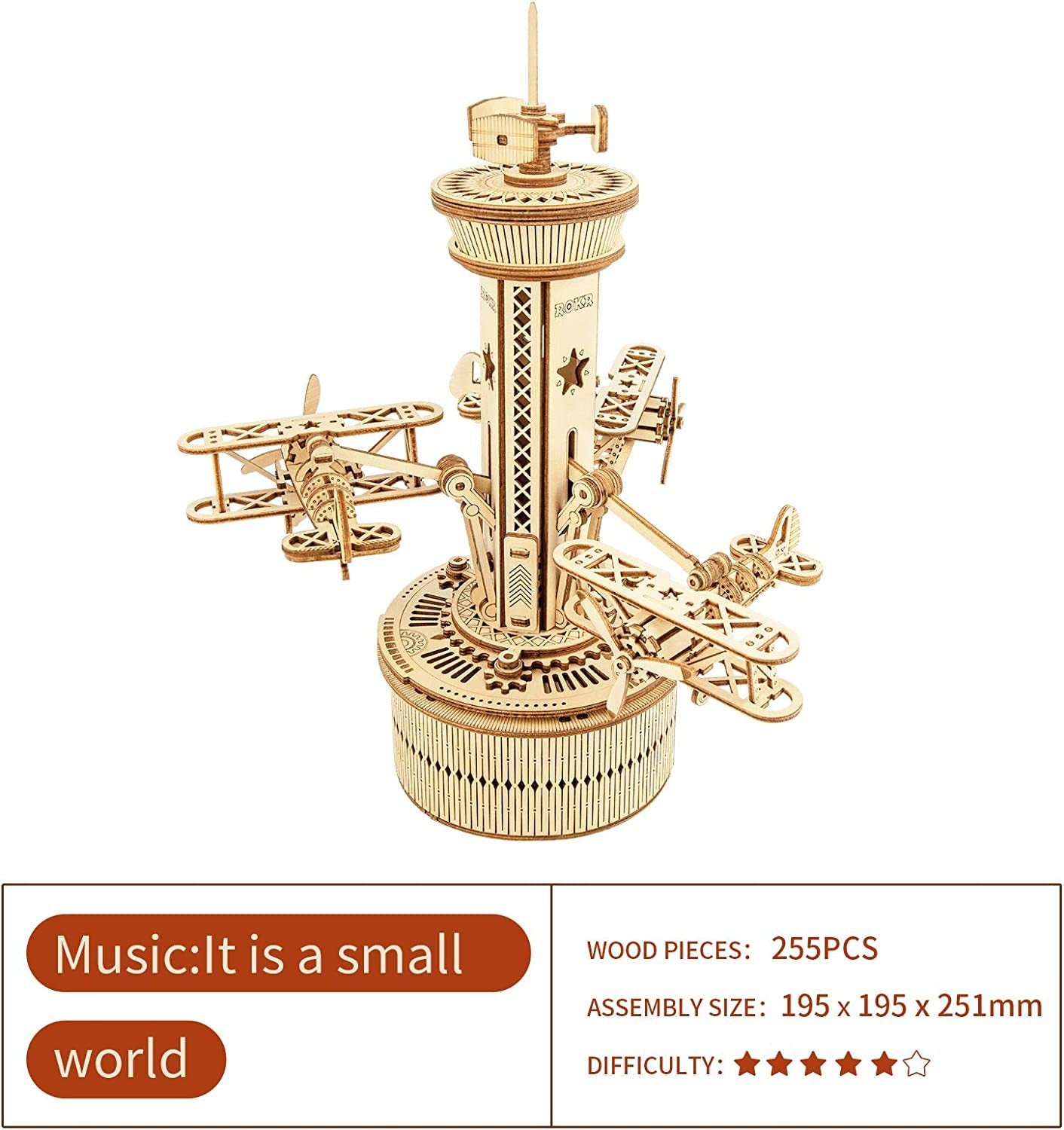 3D Wooden Puzzles For Adults DIY Musical Box Model Kit To Build Self-Assembly Building Kit Airplane- Control Tower