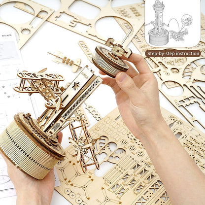 3D Wooden Puzzles For Adults DIY Musical Box Model Kit To Build Self-Assembly Building Kit Airplane- Control Tower