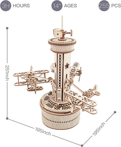 3D Wooden Puzzles For Adults DIY Musical Box Model Kit To Build Self-Assembly Building Kit Airplane- Control Tower