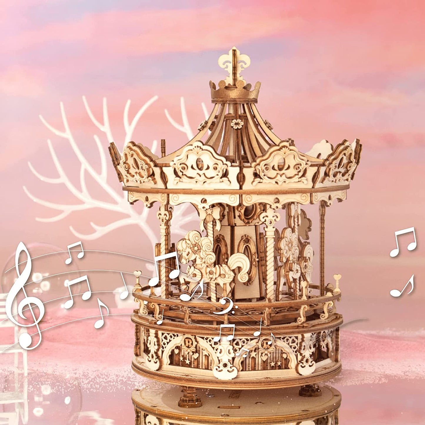 3D Wooden Puzzles Construction Model Kit DIY Music Box Building Kits Rotating - Romantic Carousel