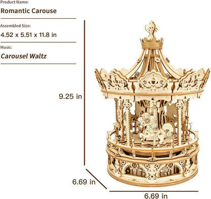 3D Wooden Puzzles Construction Model Kit DIY Music Box Building Kits Rotating - Romantic Carousel