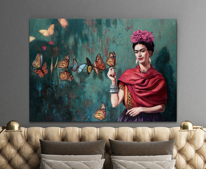 Frida Kahlo And Butterfly Oil Paint Print,  Frida Kahlo Wall Art - PPL16