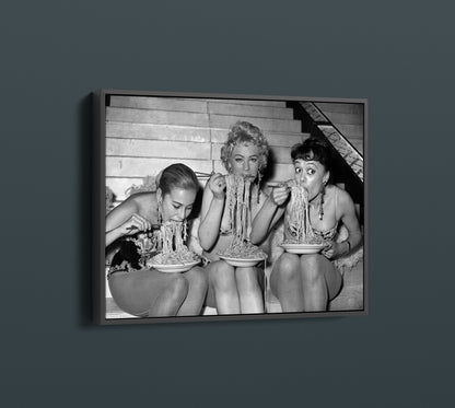 Women Eating Spaghetti Canvas Art, Women Eating Pasta Black and White Vintage Print - PPL-135