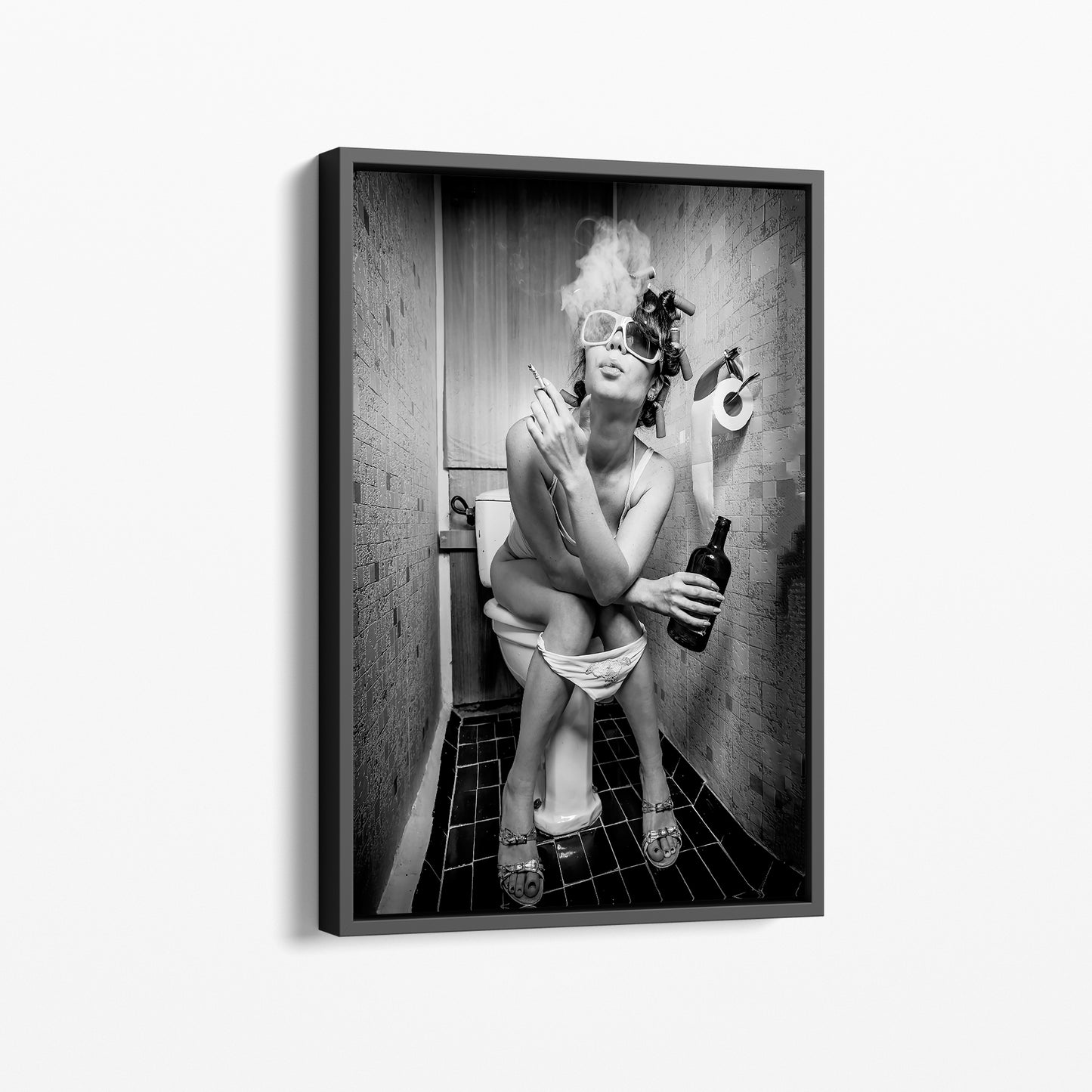 Black and White Fashion Toilet Girl Smoke Canvas, Fashion Wall Art - PPL15