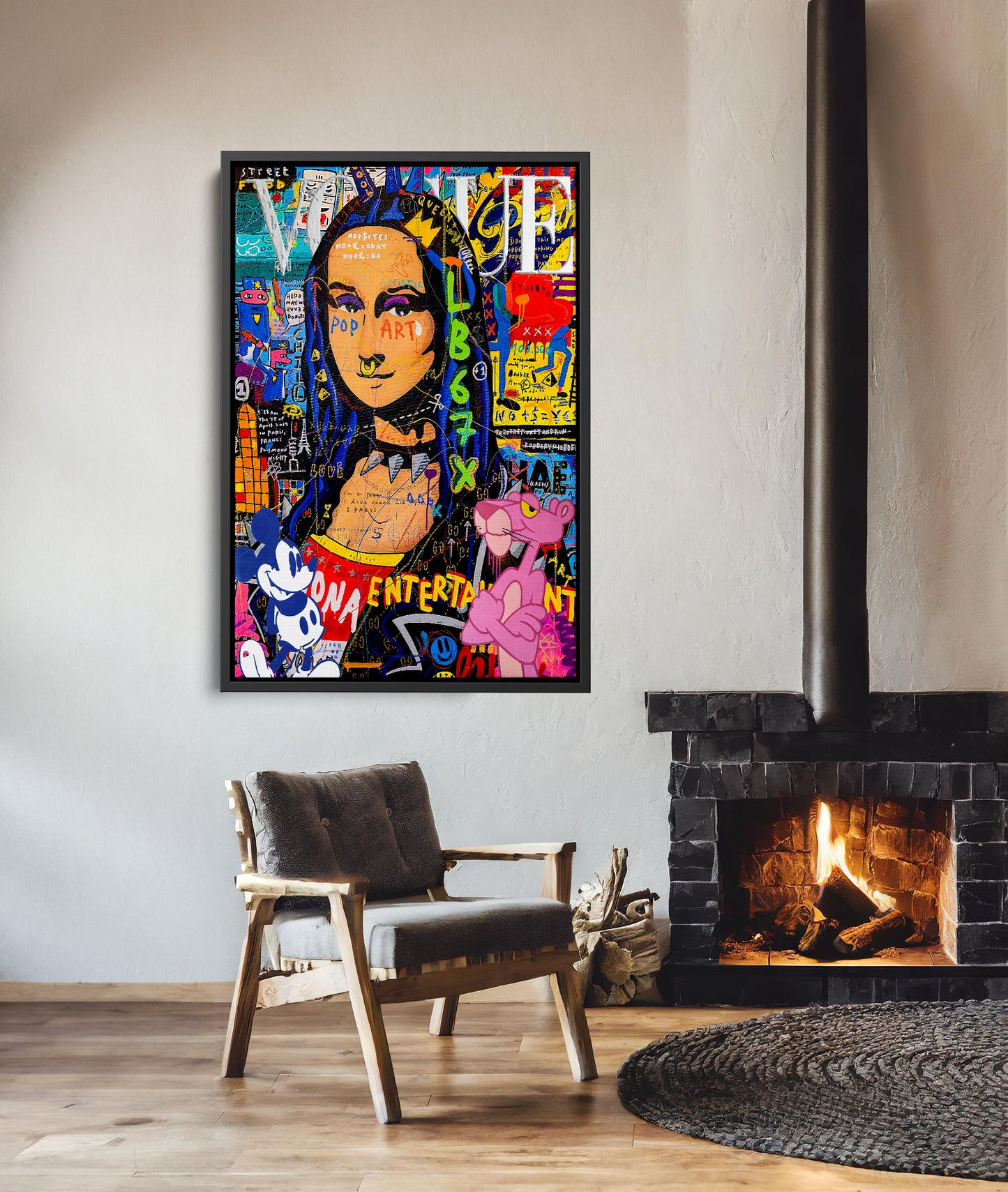 Mona Lisa with Mickey Mouse and Pink Panther Pop Art Oil Painting, Street Graffiti Wall Art Pop 013