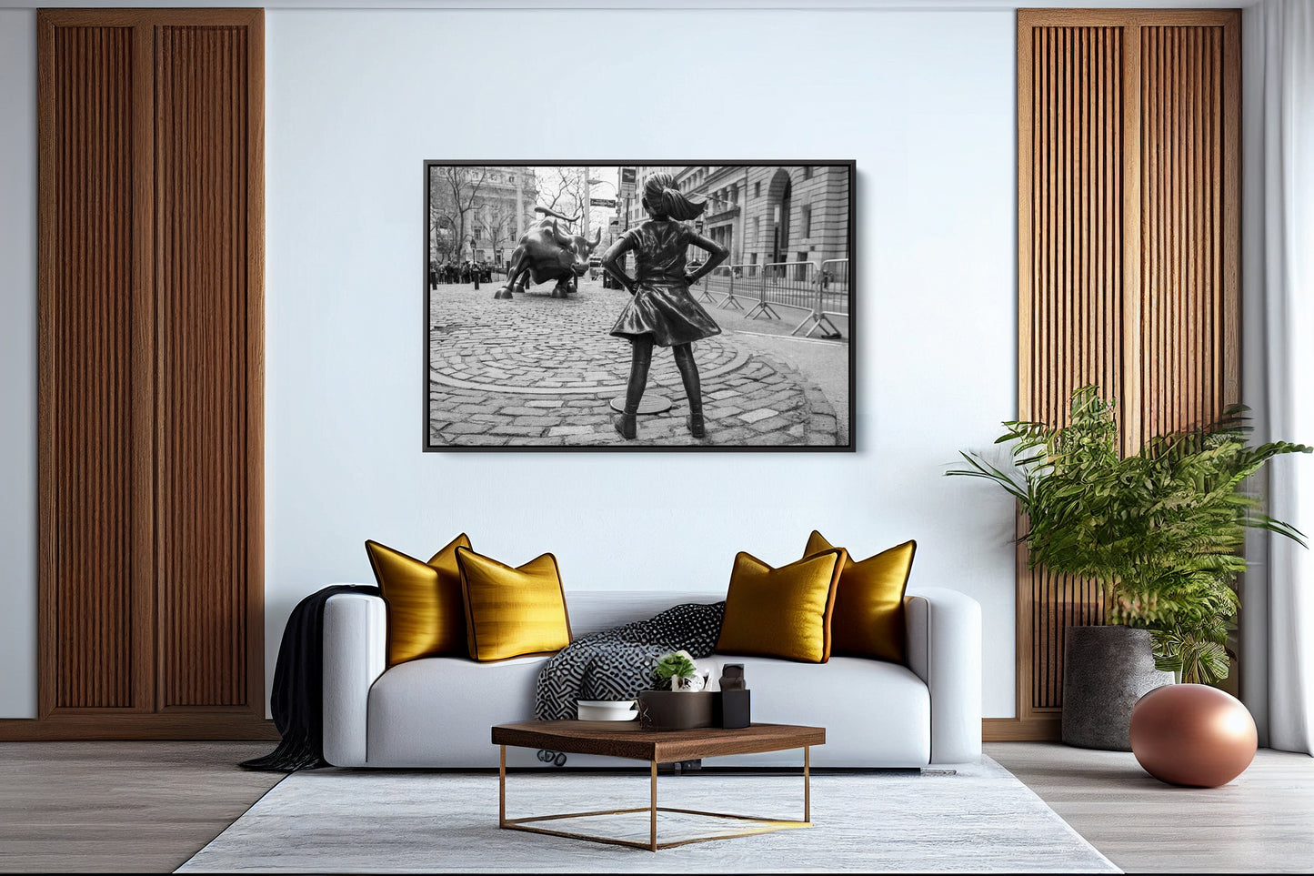 Fearless Girl And Bull Black And White Canvas Art Print, Wall Street Wall Art - PPL40