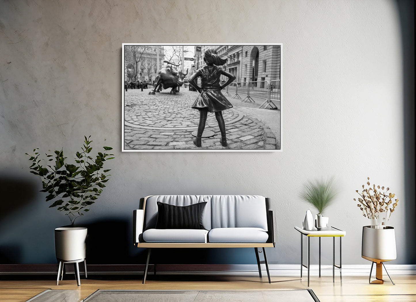 Fearless Girl And Bull Black And White Canvas Art Print, Wall Street Wall Art - PPL40